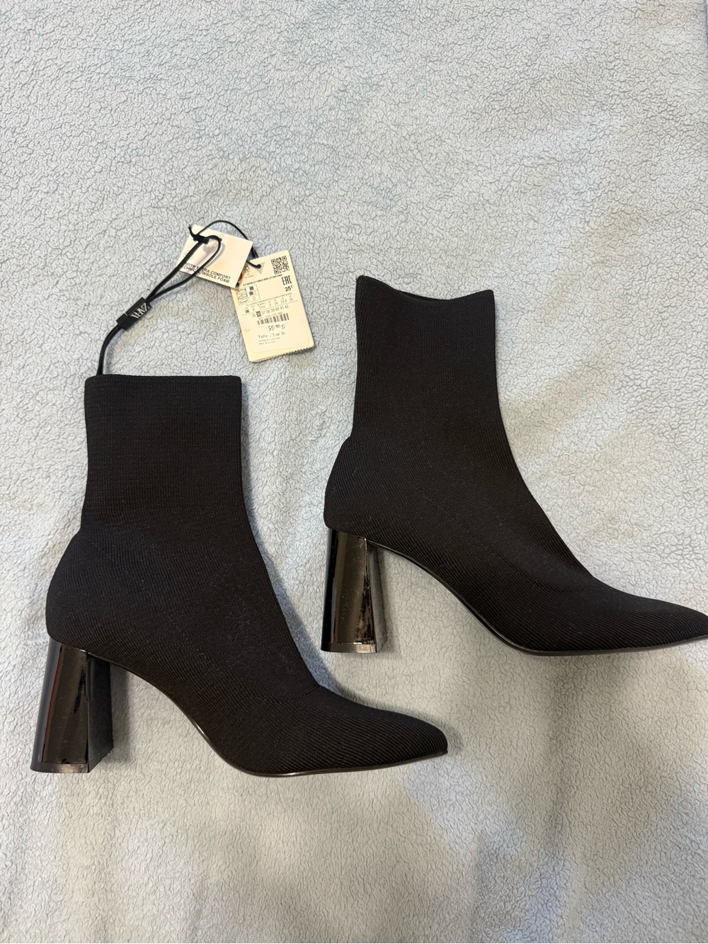 Zara Black Stretch Sock Ankle Boots with Block Heel